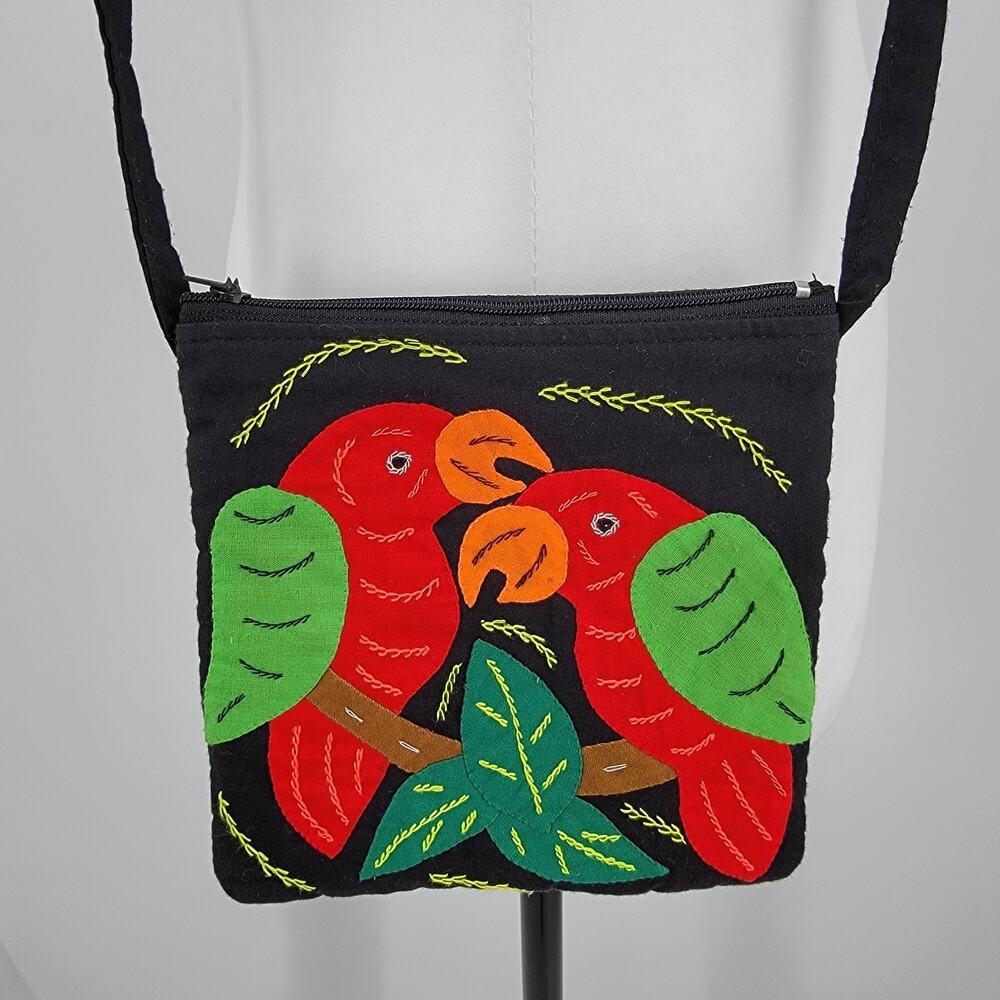 Crossbody Purse Embroidered Applique Parots Floral Zip Top Bag Tropical Vacation